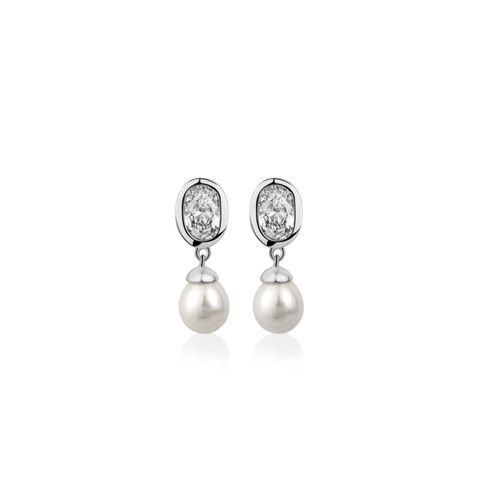 Pearl Drop Earrings with Clear Stones
