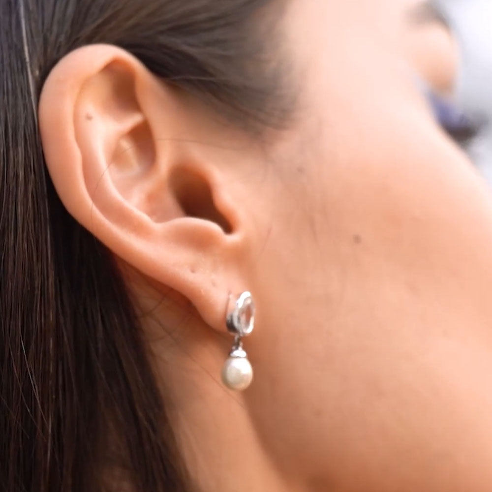 Pearl Drop Earrings with Clear Stones
