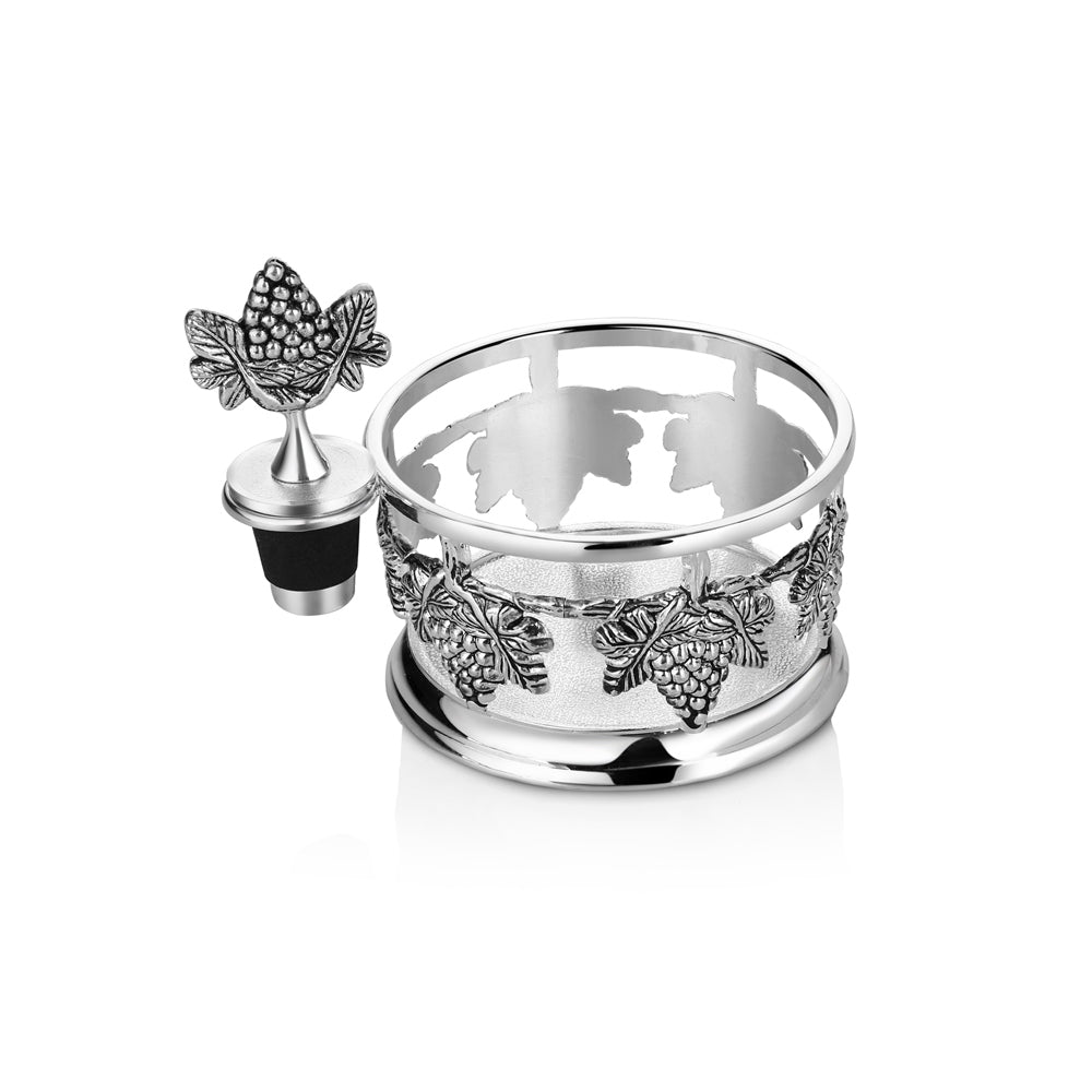 Silver Plated Grape Wine Coaster and Stopper Set