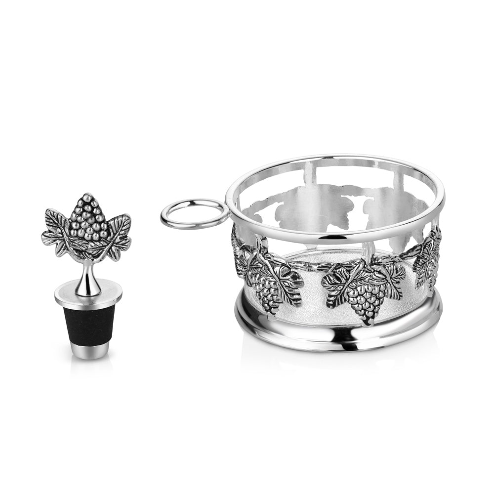 Silver Plated Grape Wine Coaster and Stopper Set