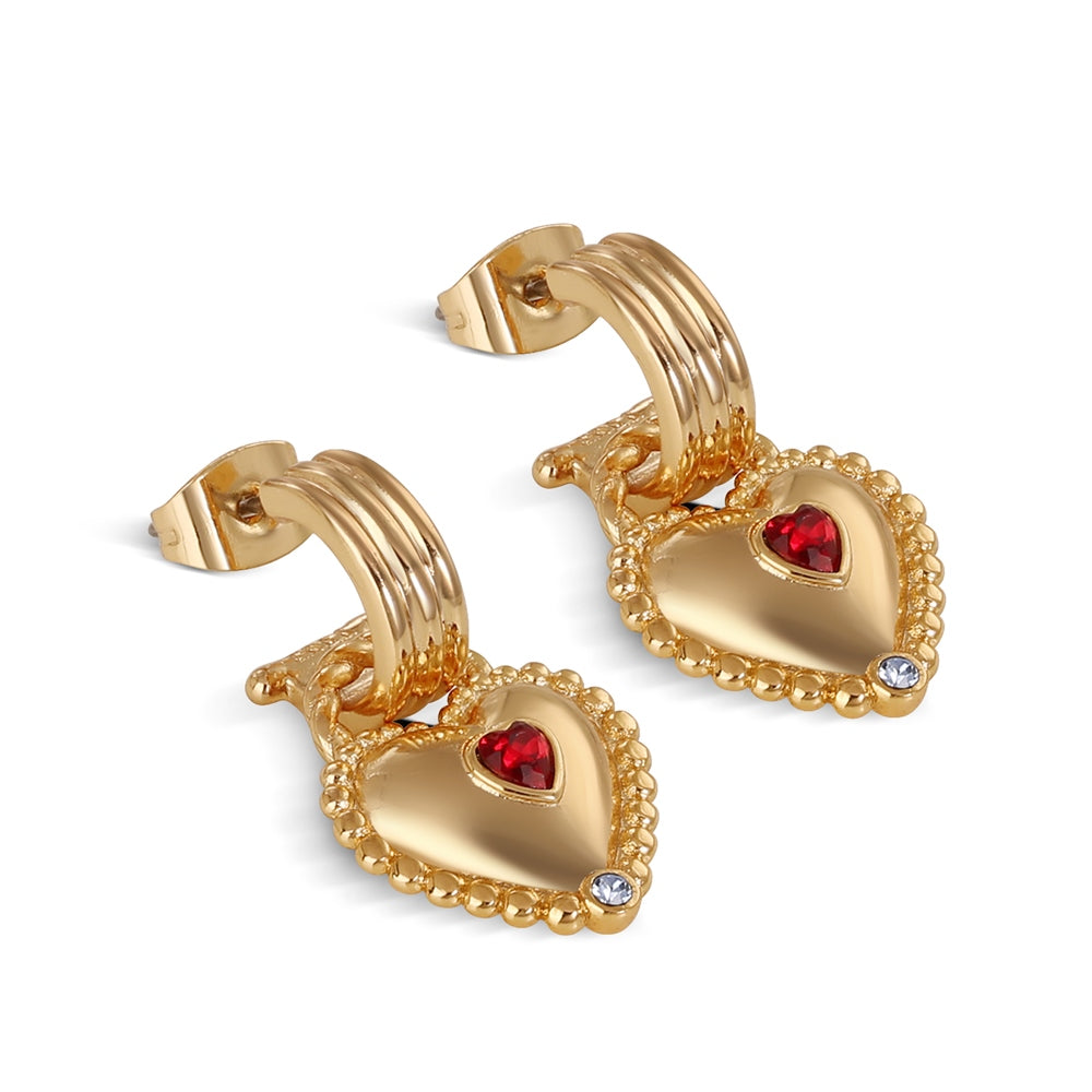 Heart Drop Earrings with Ruby Red Stones