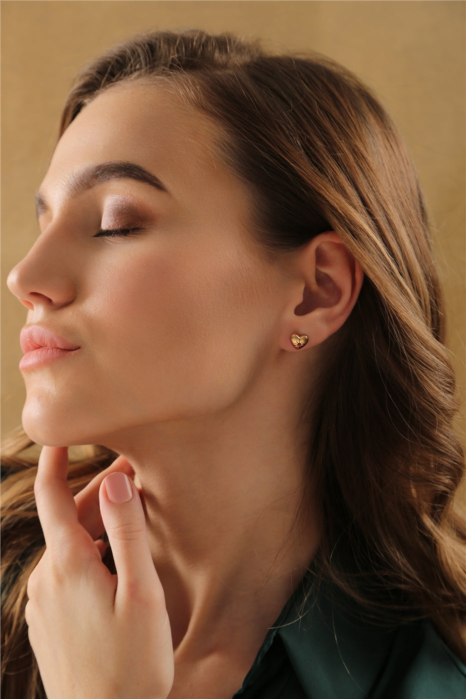 Heart Stud Earrings with Ruby Red Stones