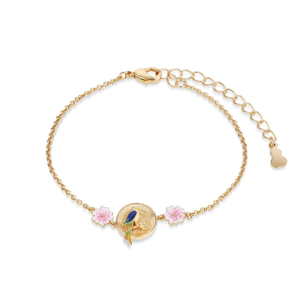 Gold Plated Bird with Pink Flower Bracelet