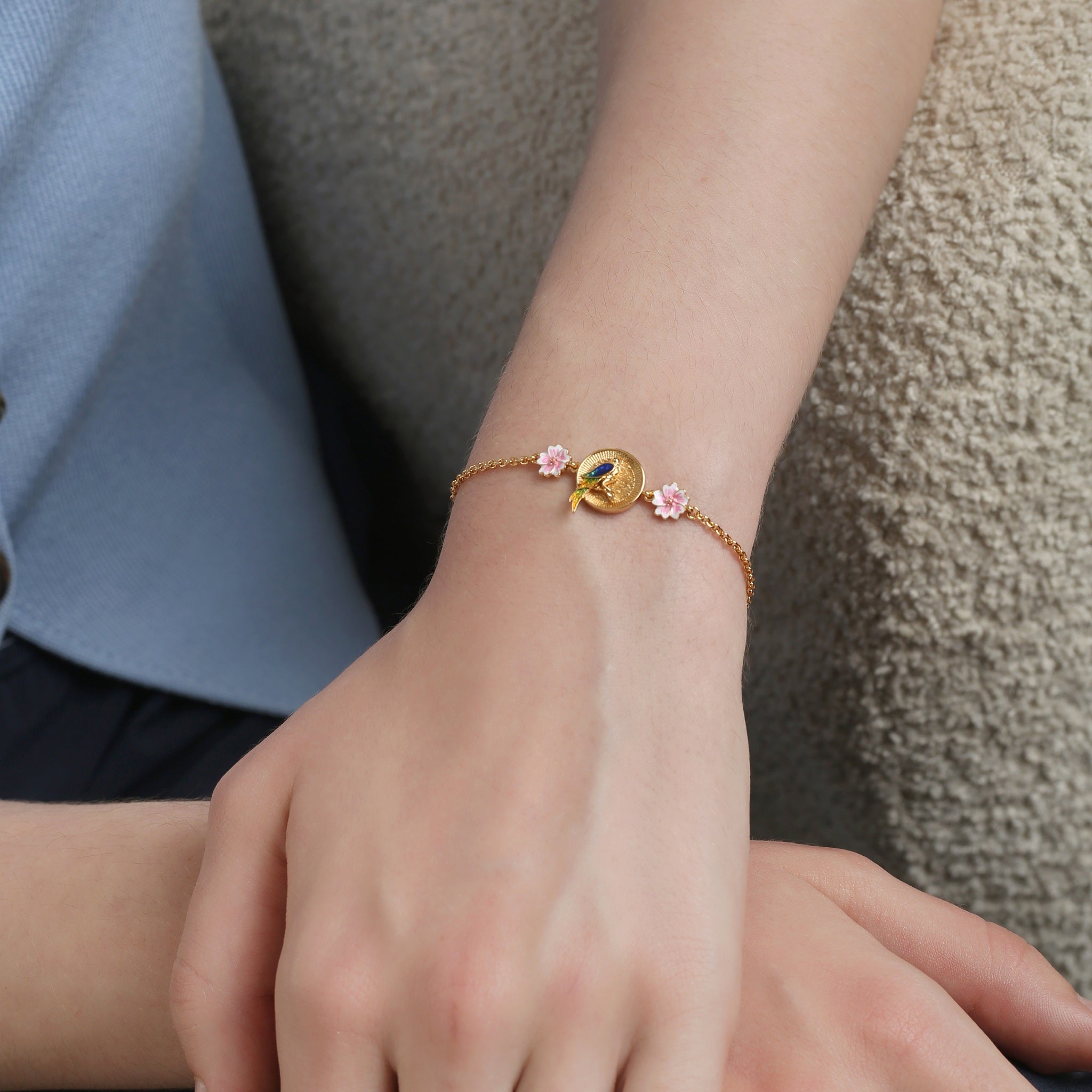 Gold Plated Bird with Pink Flower Bracelet