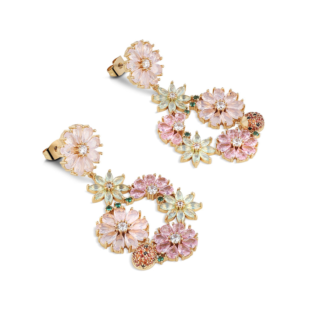 Gold Plated Pink & Green Floral Drop Earrings