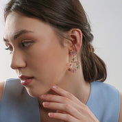 Gold Plated Pink & Green Floral Drop Earrings