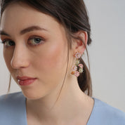 Gold Plated Pink & Green Floral Drop Earrings