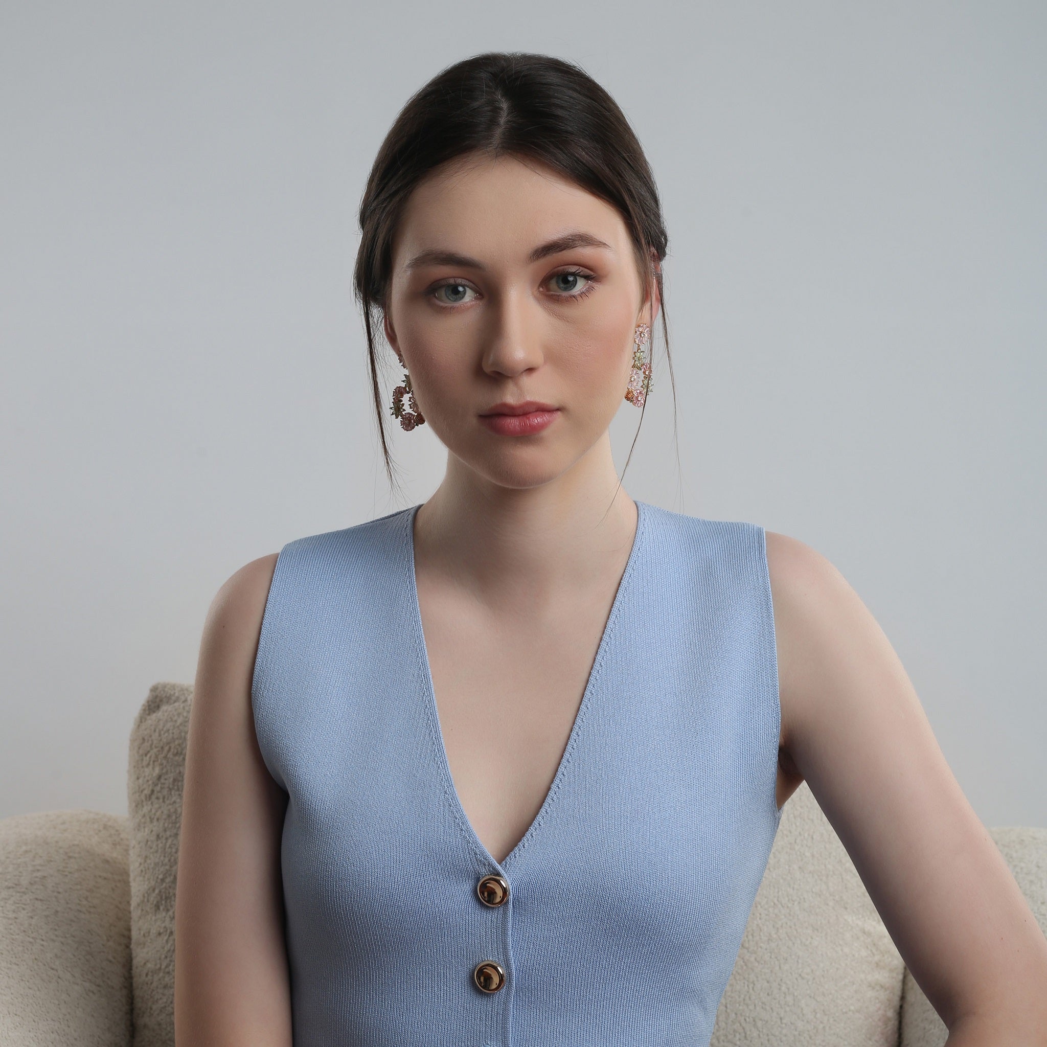 Gold Plated Pink & Green Floral Drop Earrings