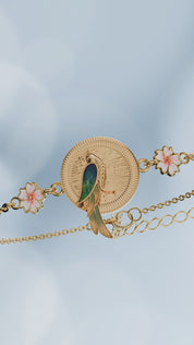Gold Plated Bird with Pink Flower Bracelet