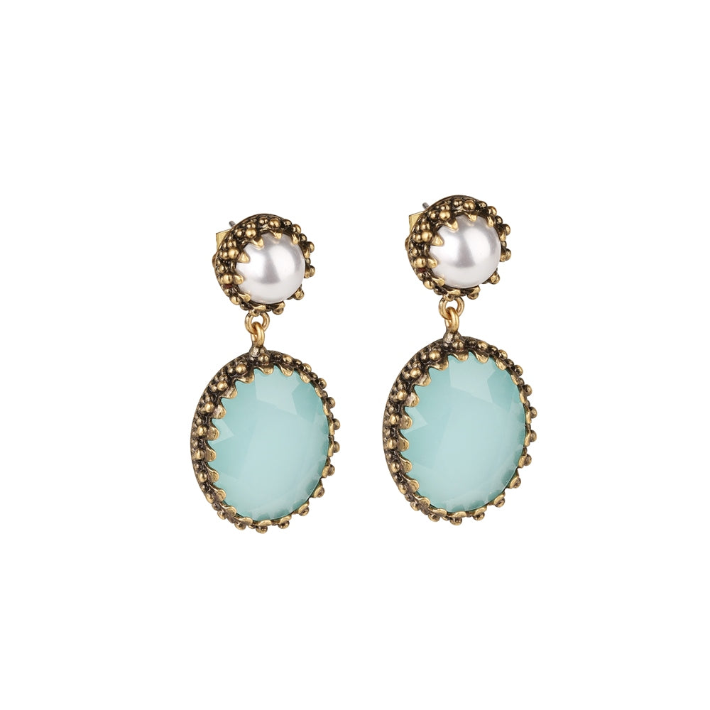 Earrings with Aqua and Pearl Stone Settings