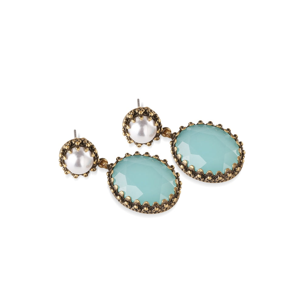 Earrings with Aqua and Pearl Stone Settings