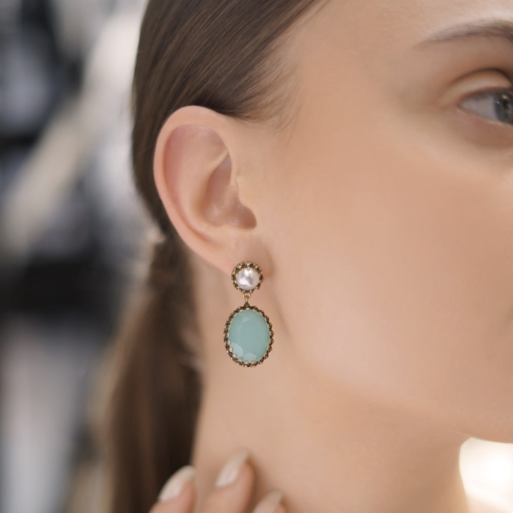 Earrings with Aqua and Pearl Stone Settings