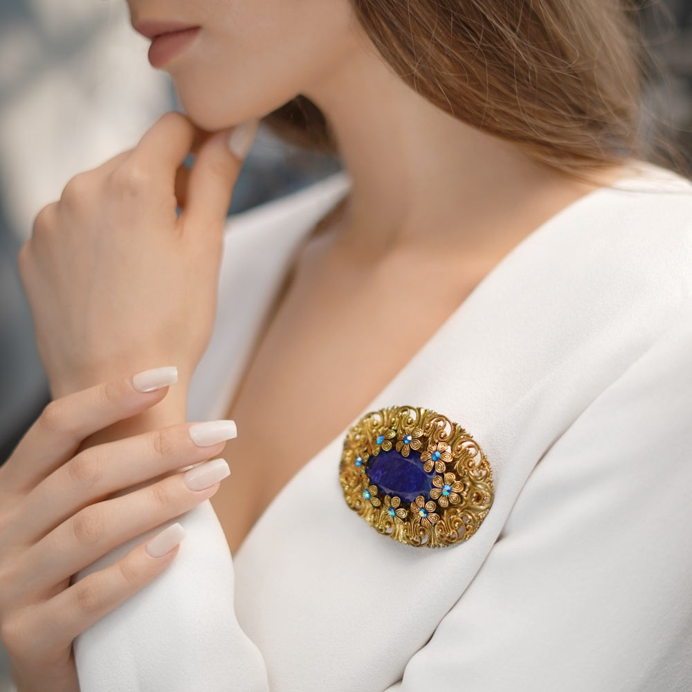 Oval Brooch with Blue stones