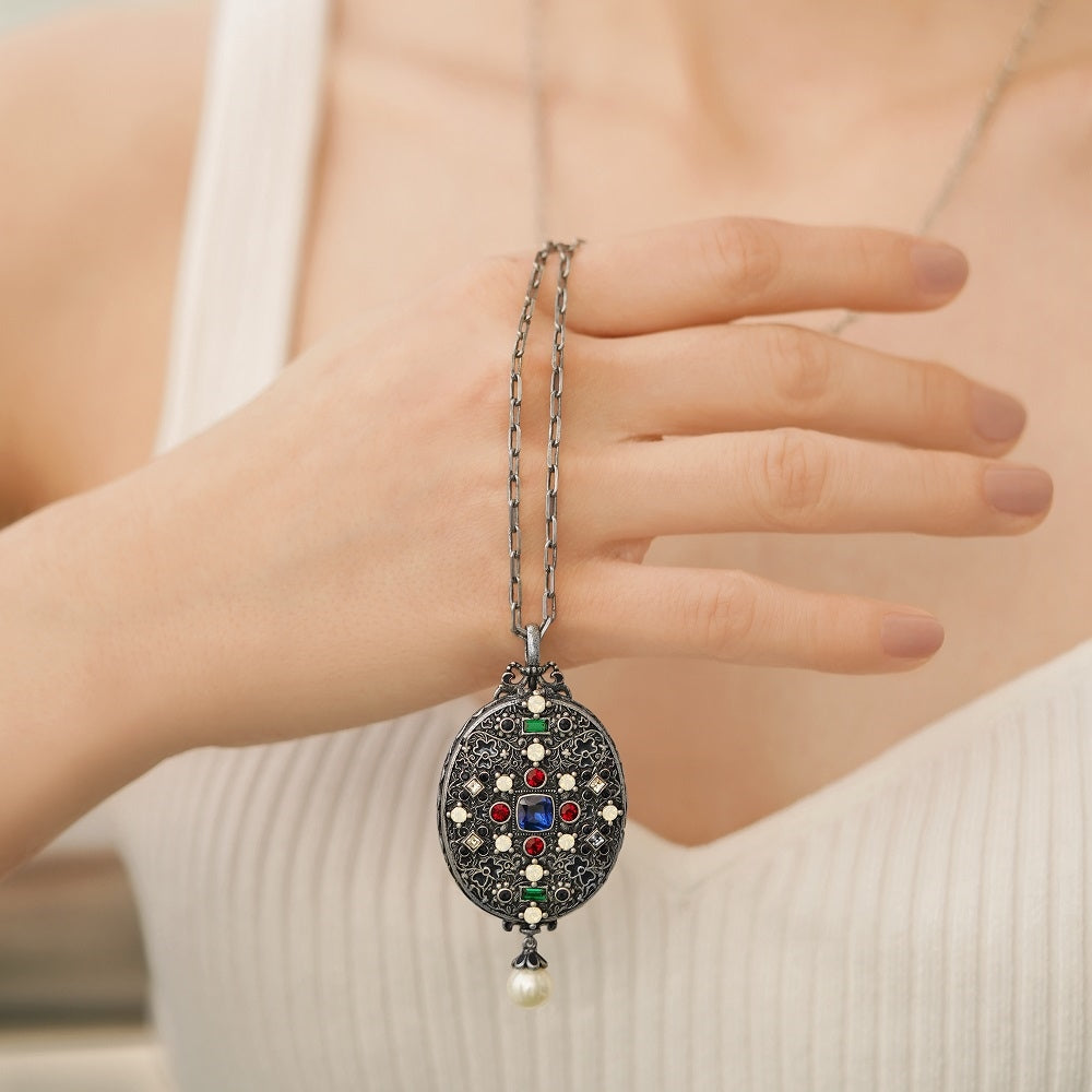Ornate Locket with Coloured Stones