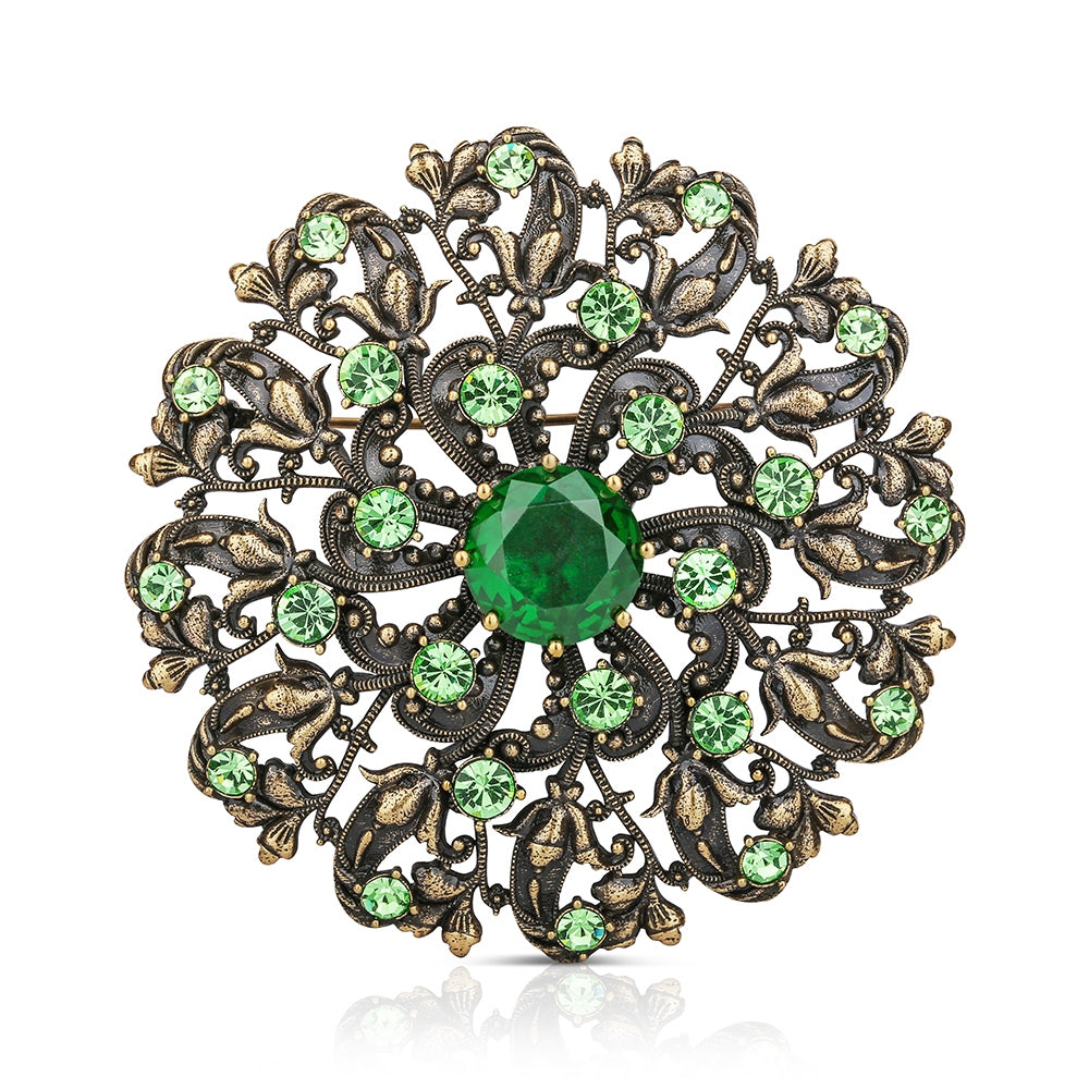 Floral Brooch with Green Stones