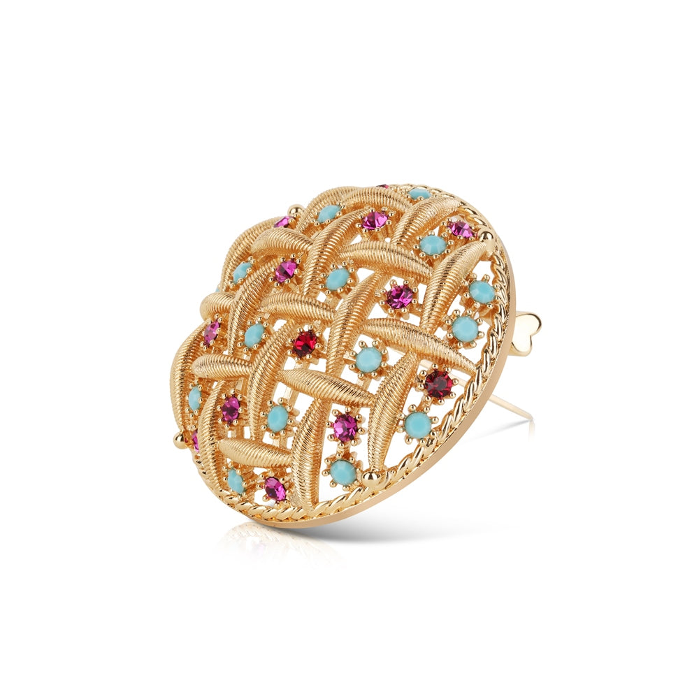 Gold Plated Round Brooch Pink & Turquoise Stones