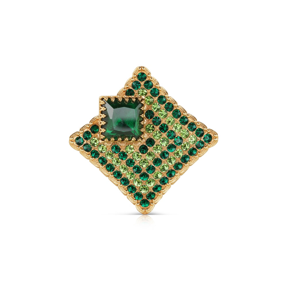 Gold Plated Square Brooch with Green Stones