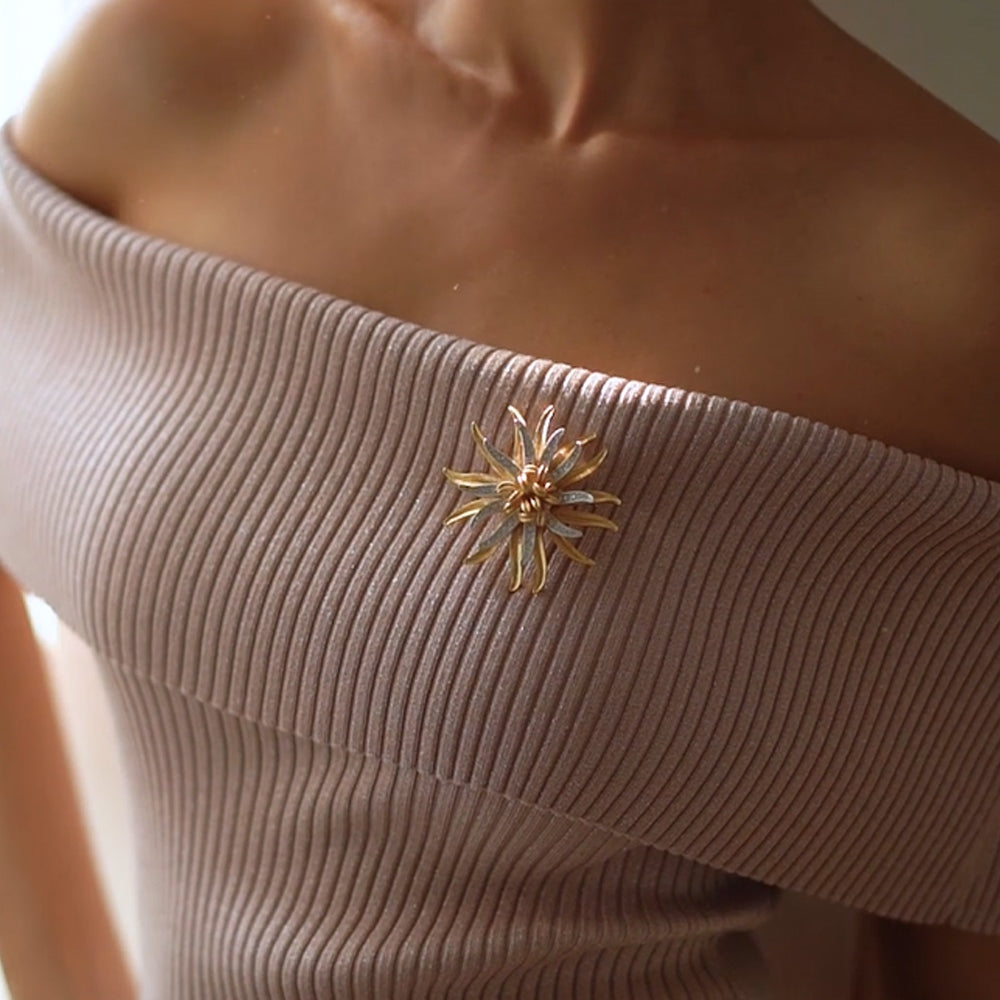 Silver & Gold Plated Star Brooch with Clear Stones
