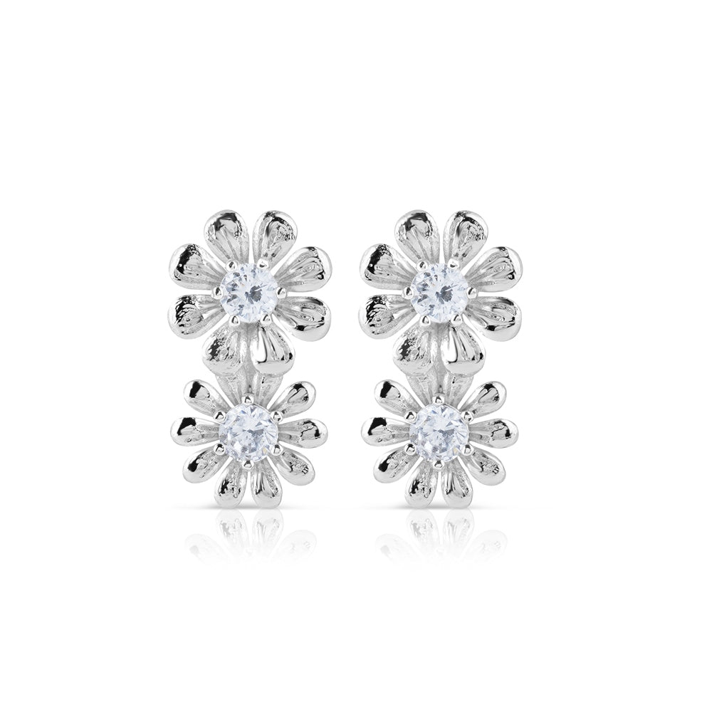 Double Floral Earrings Clear Stones