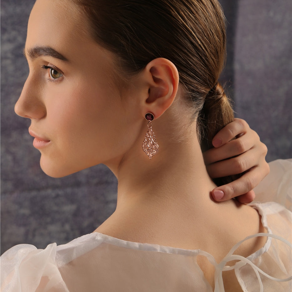 Drop Filigree Earrings with Mulberry Stone