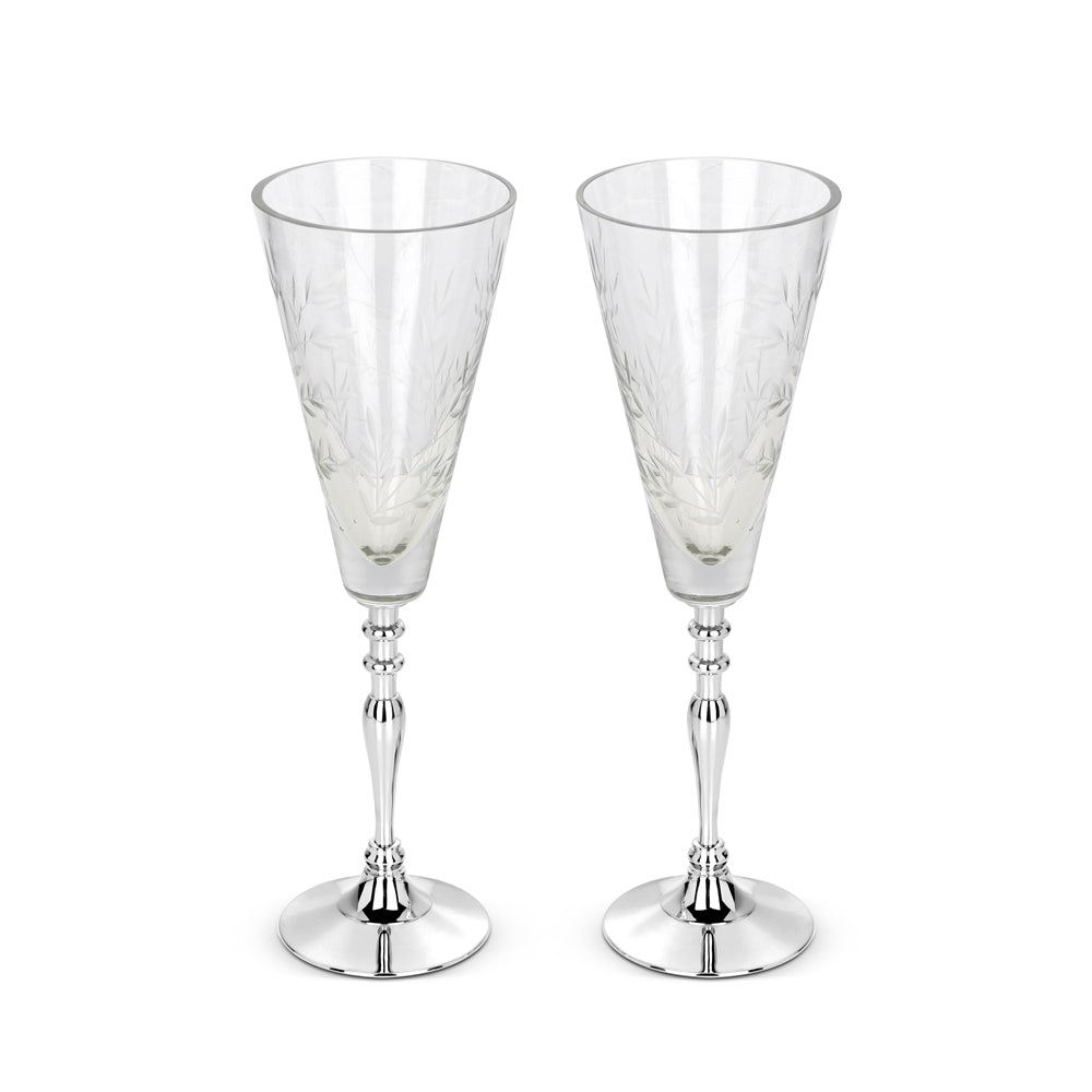 Set of Two Ornate Cut Glass Champagne Flutes