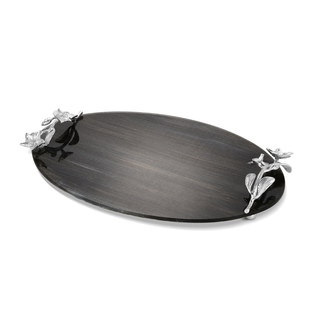 Black Glass Serving Tray with Floral Motif