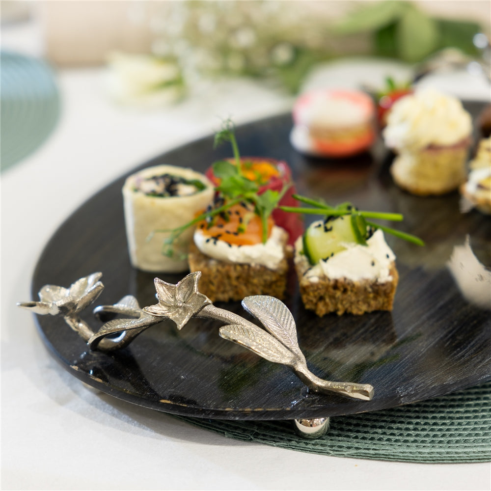 Black Glass Serving Tray with Floral Motif