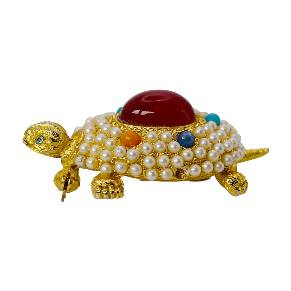 1980's Faux Pearl Gold Tone Tortoise Brooch