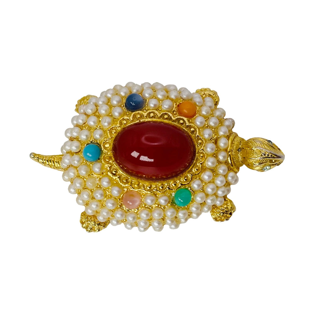 1980's Faux Pearl Gold Tone Tortoise Brooch
