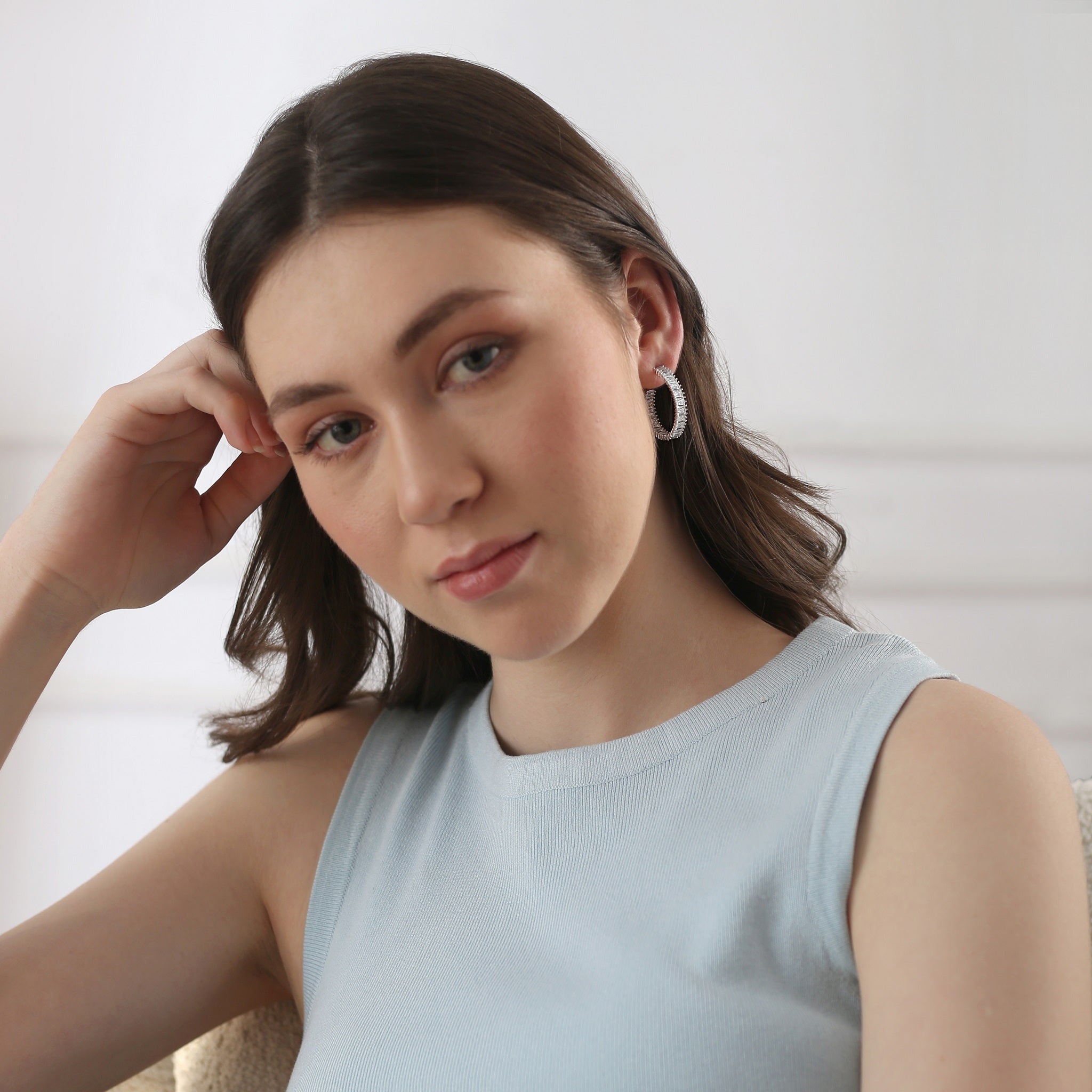 Silver Plated Baguette CZ Hoop Earrings