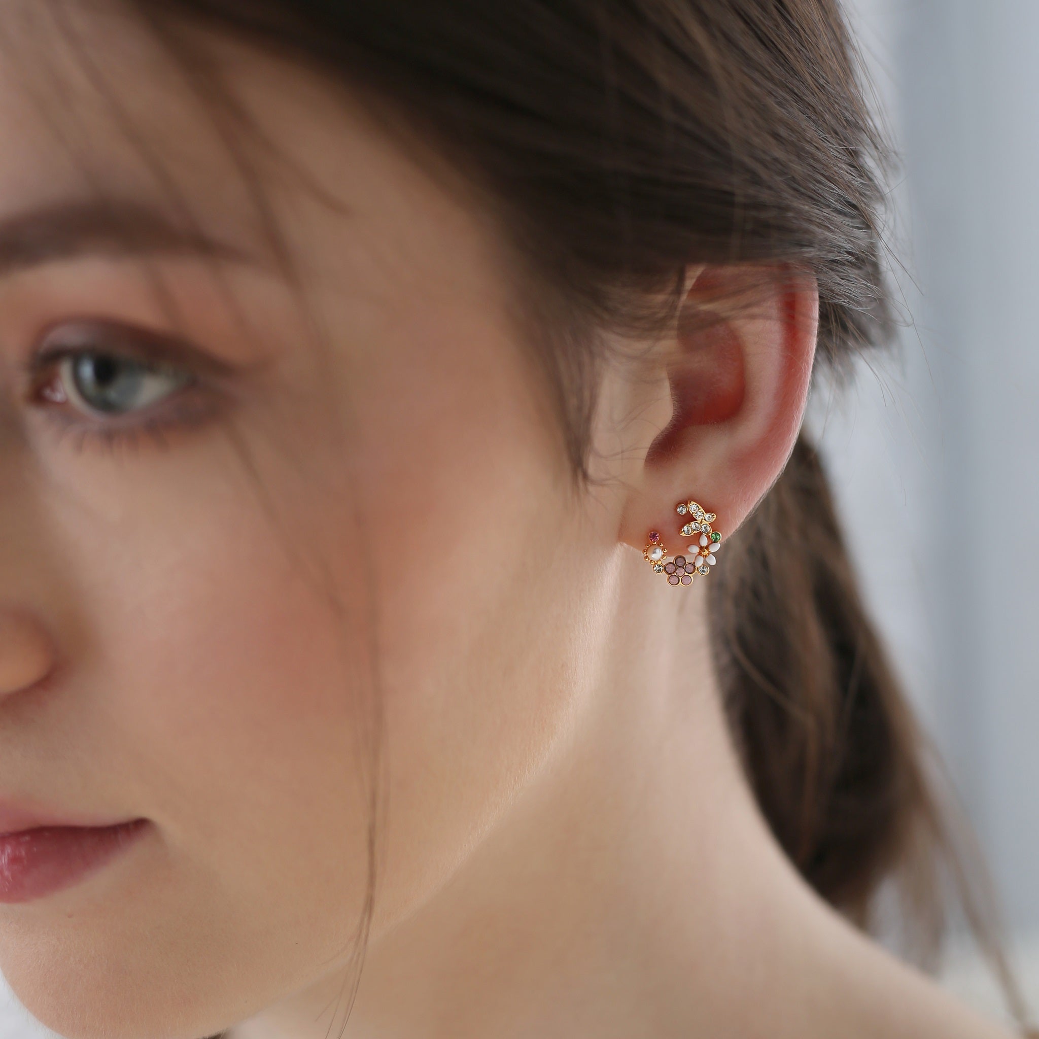 Gold Plated Pink & Green Floral Butterfly Earrings