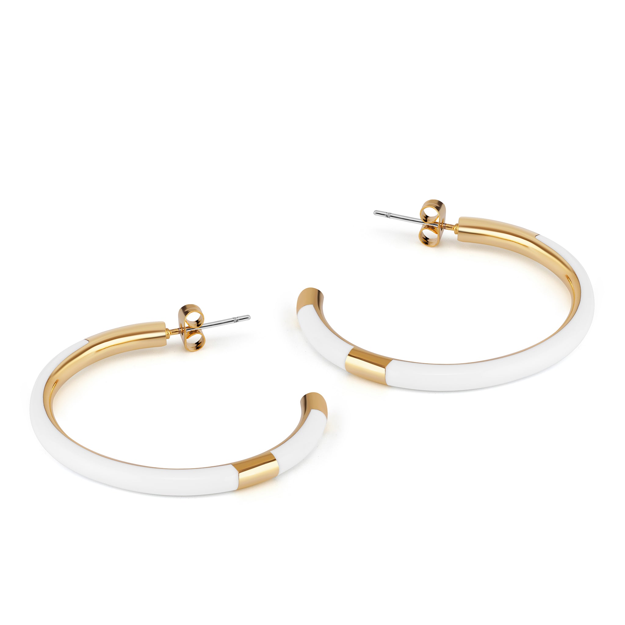 Gold Plated White Enamel Hoop Earrings