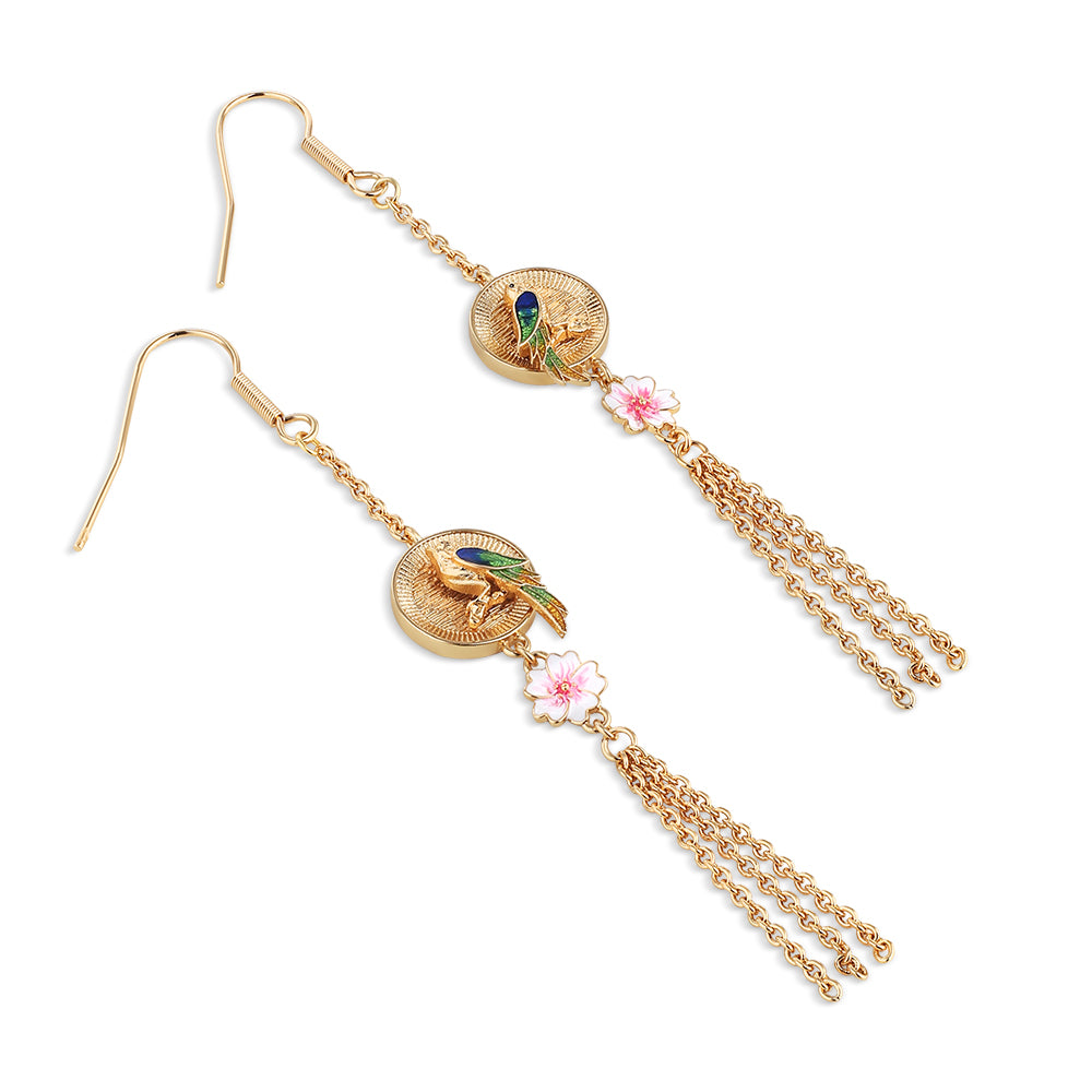 Gold Plated Bird with Pink Flower Earrings