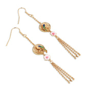 Gold Plated Bird with Pink Flower Earrings