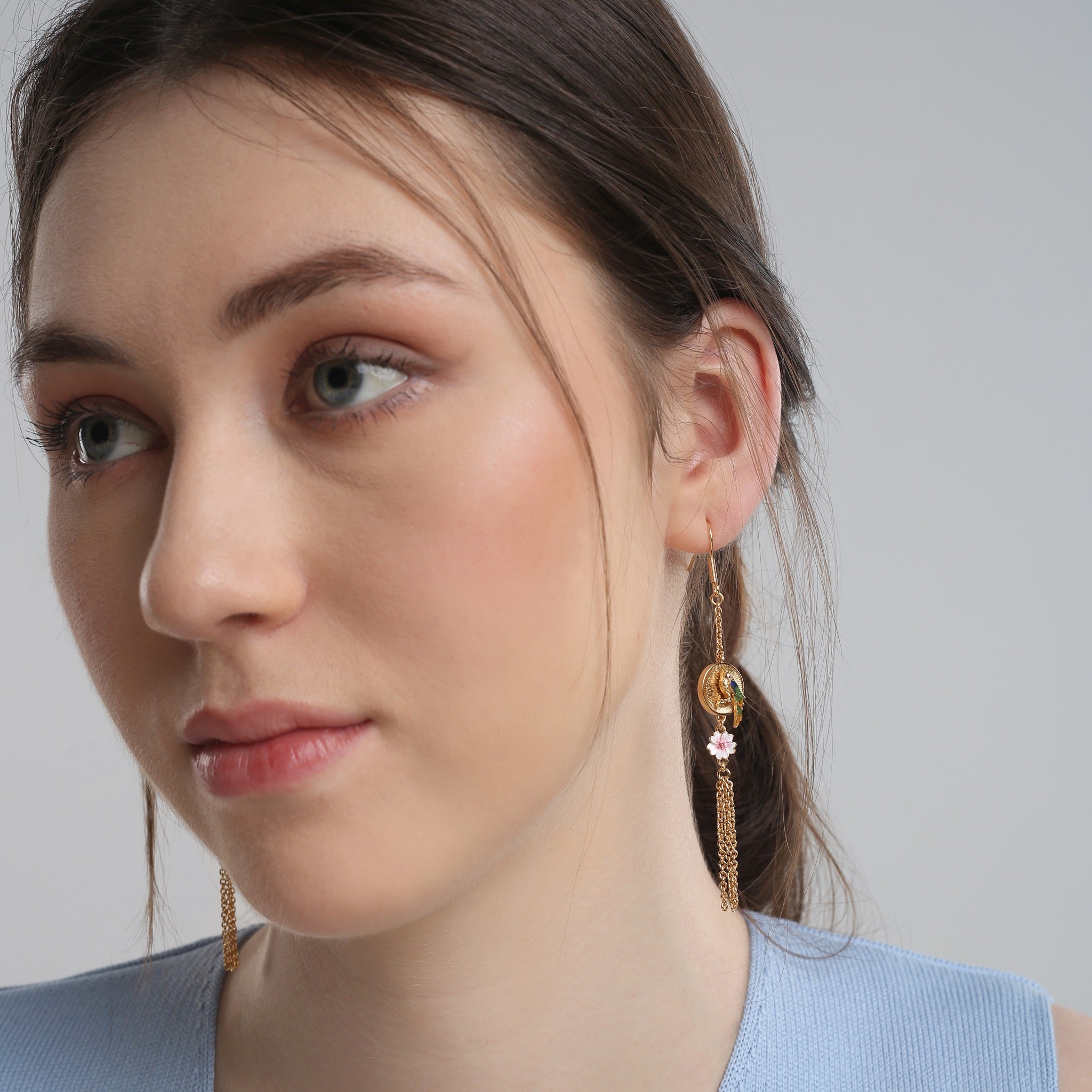 Gold Plated Bird with Pink Flower Earrings