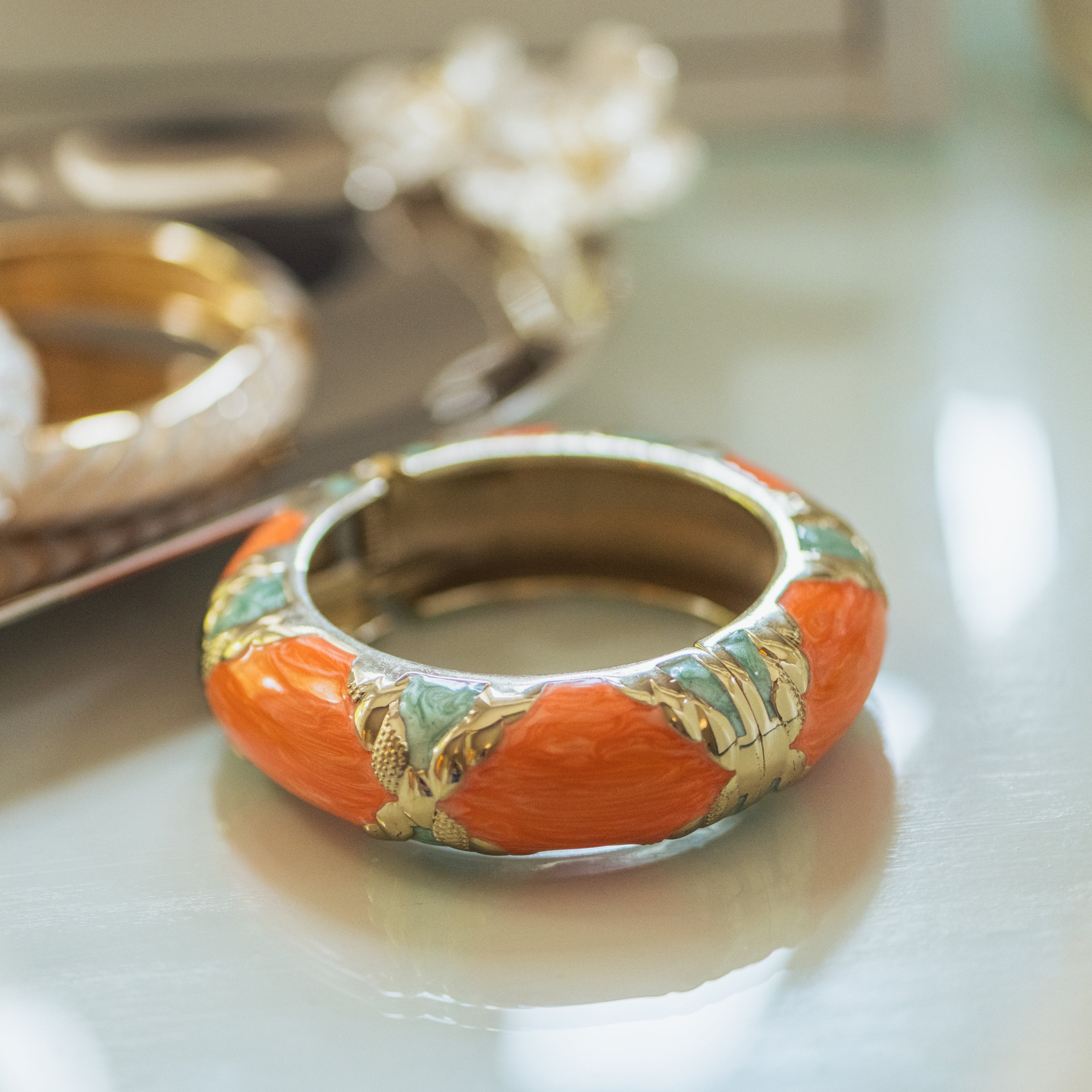 Gold Plated Orange & Green Enamel Bangle