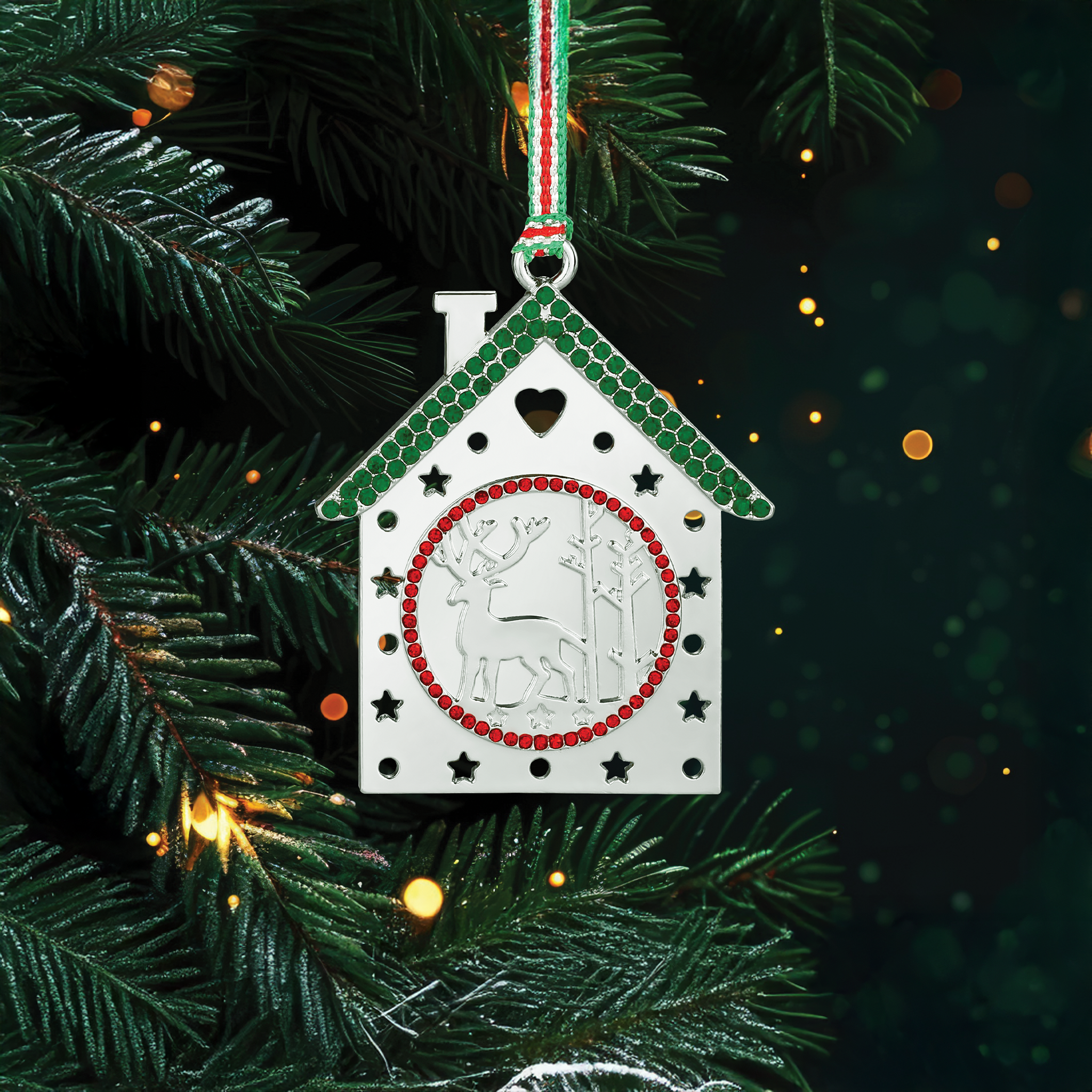 Christmas House with Reindeer Tree Decoration