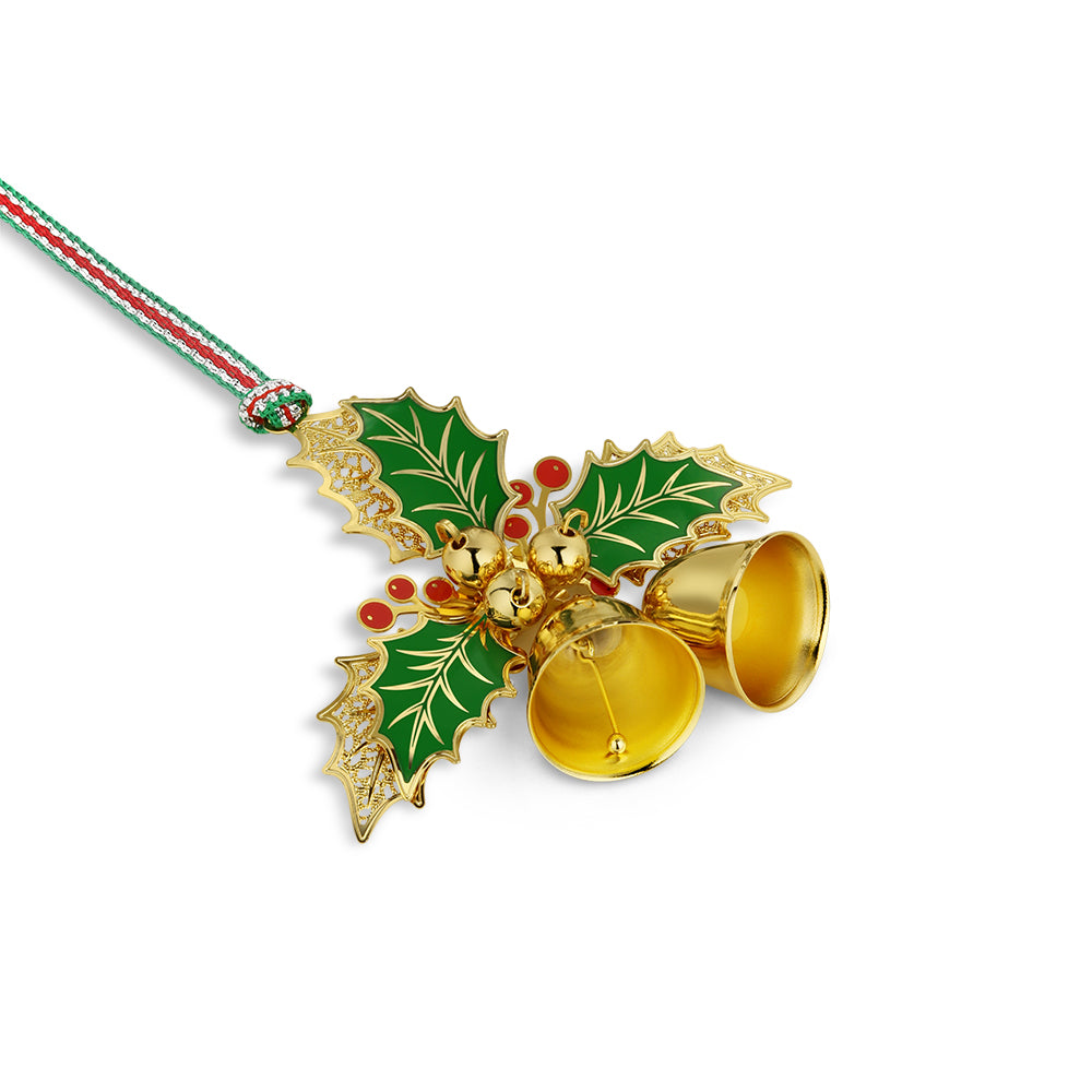 Gold Plated Holly Bells Christmas Tree Decoration