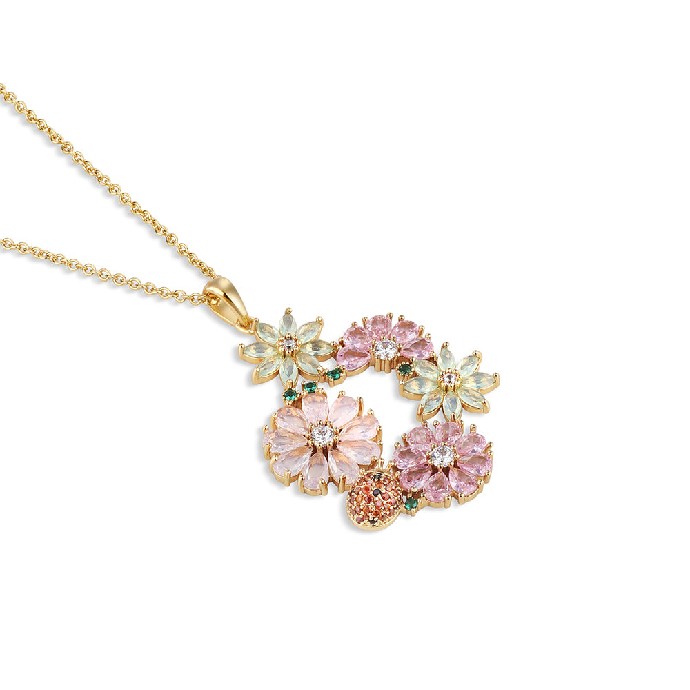 Gold Plated Pink & Green Floral Pendant