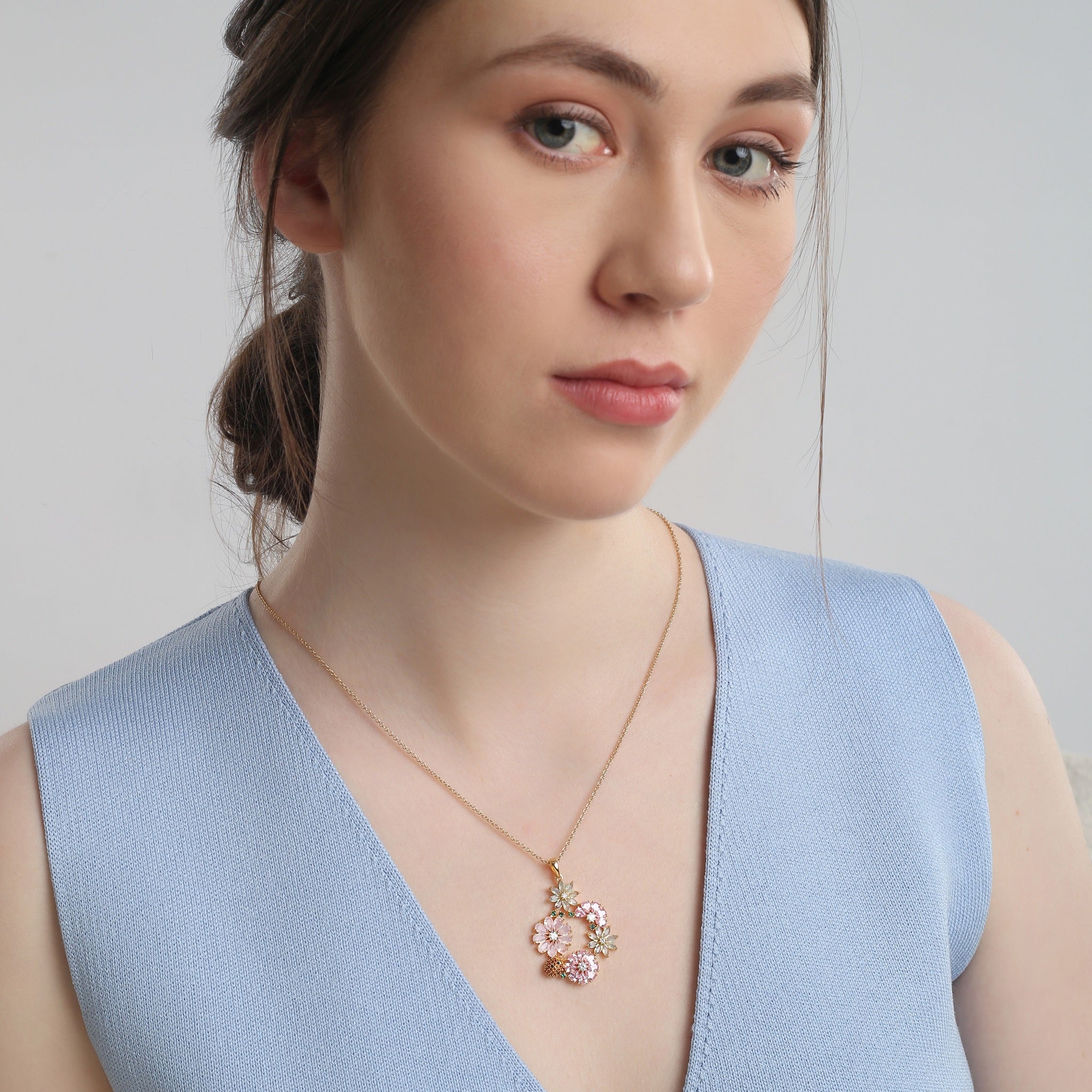 Gold Plated Pink & Green Floral Pendant