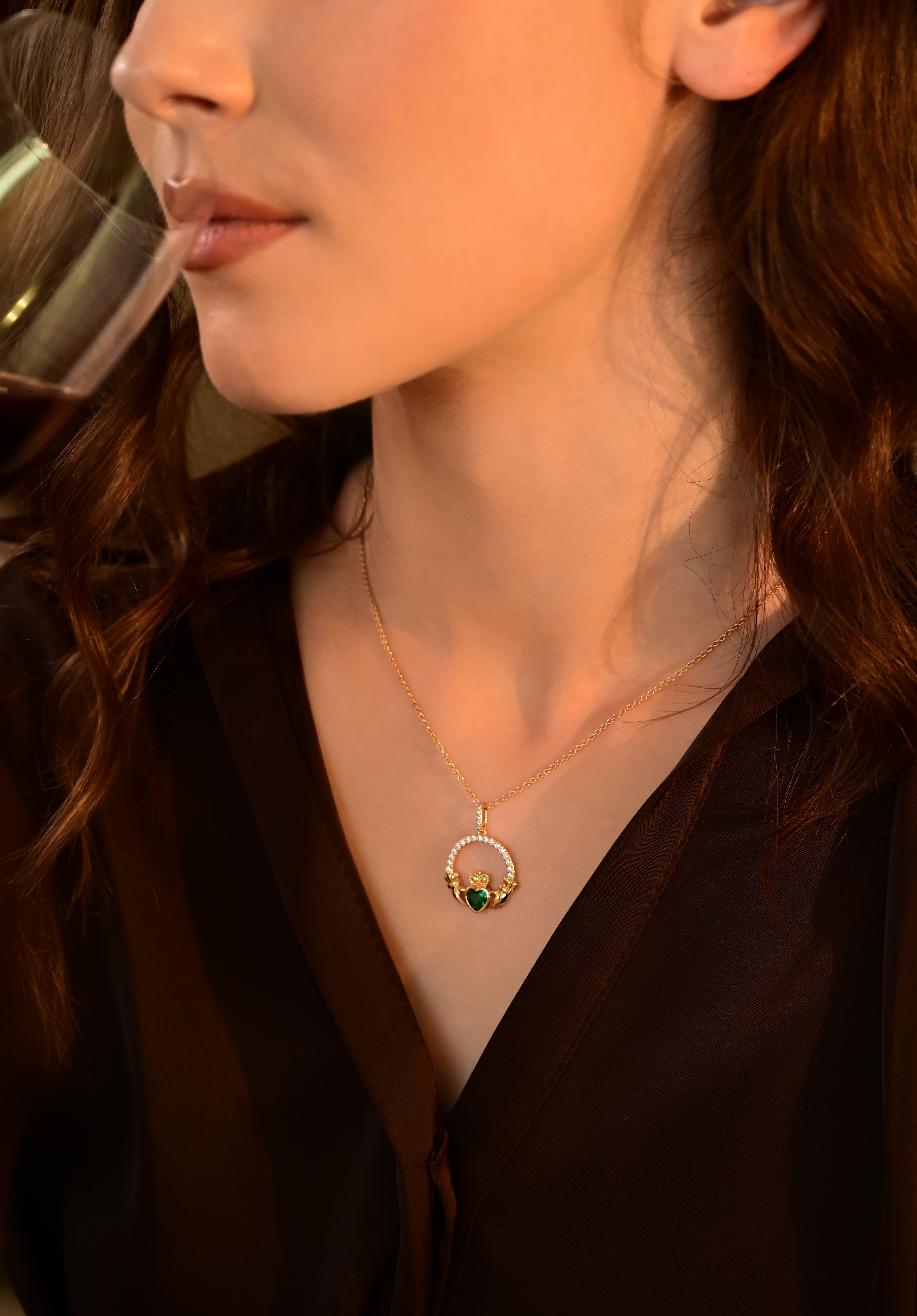 Gold Plated Emerald Green Claddagh Pendant