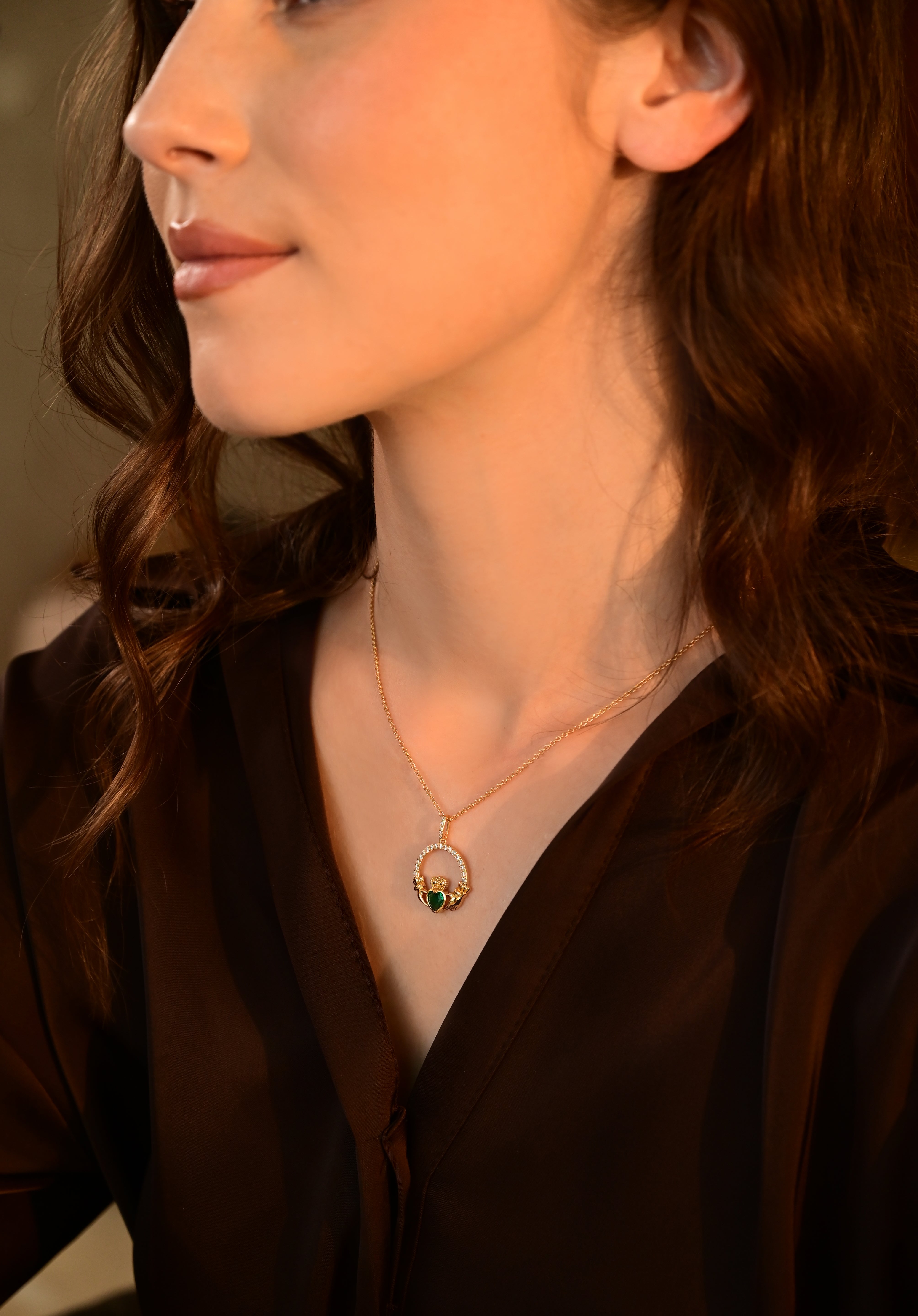 Gold Plated Emerald Green Claddagh Pendant
