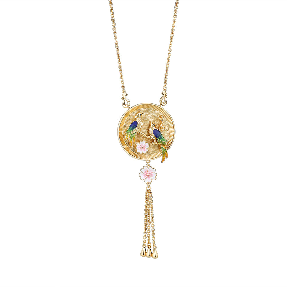 Gold Plate Bird with Pink Flower Pendant
