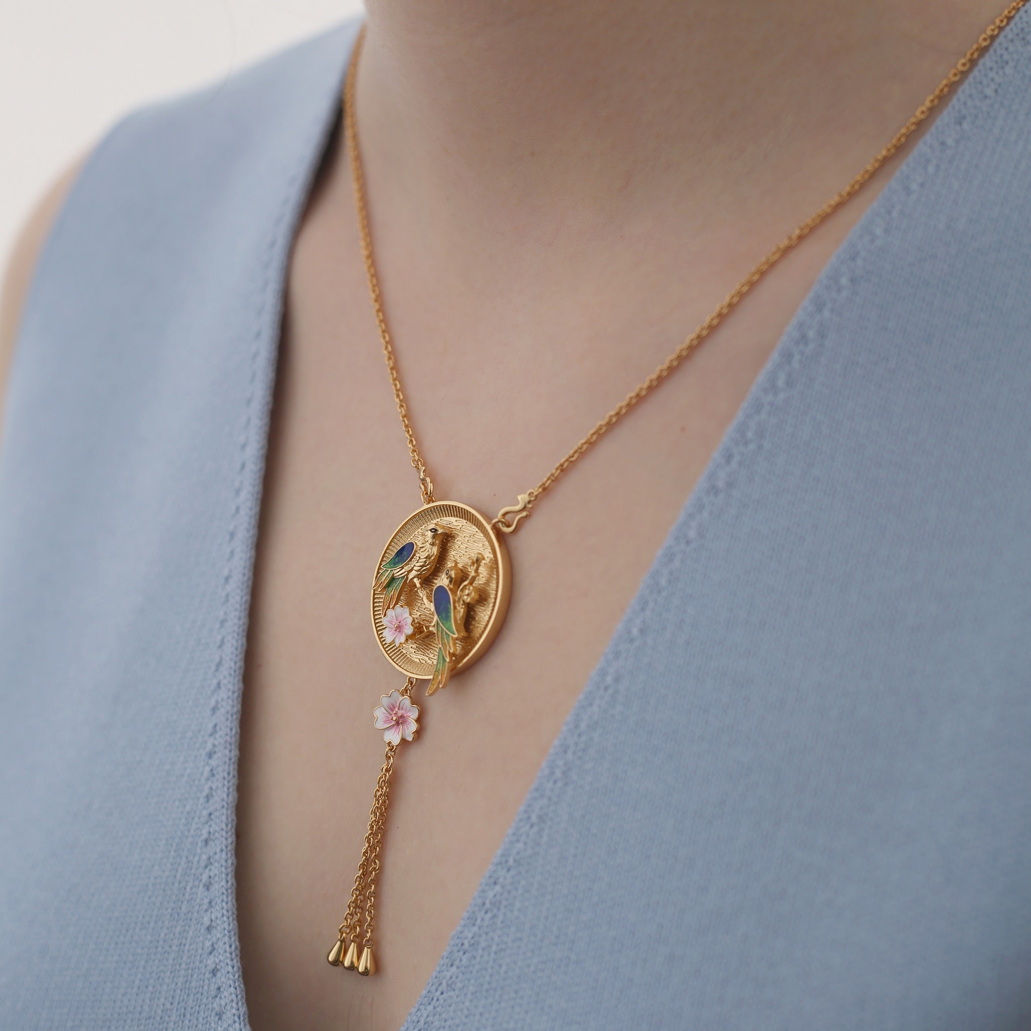 Gold Plate Bird with Pink Flower Pendant