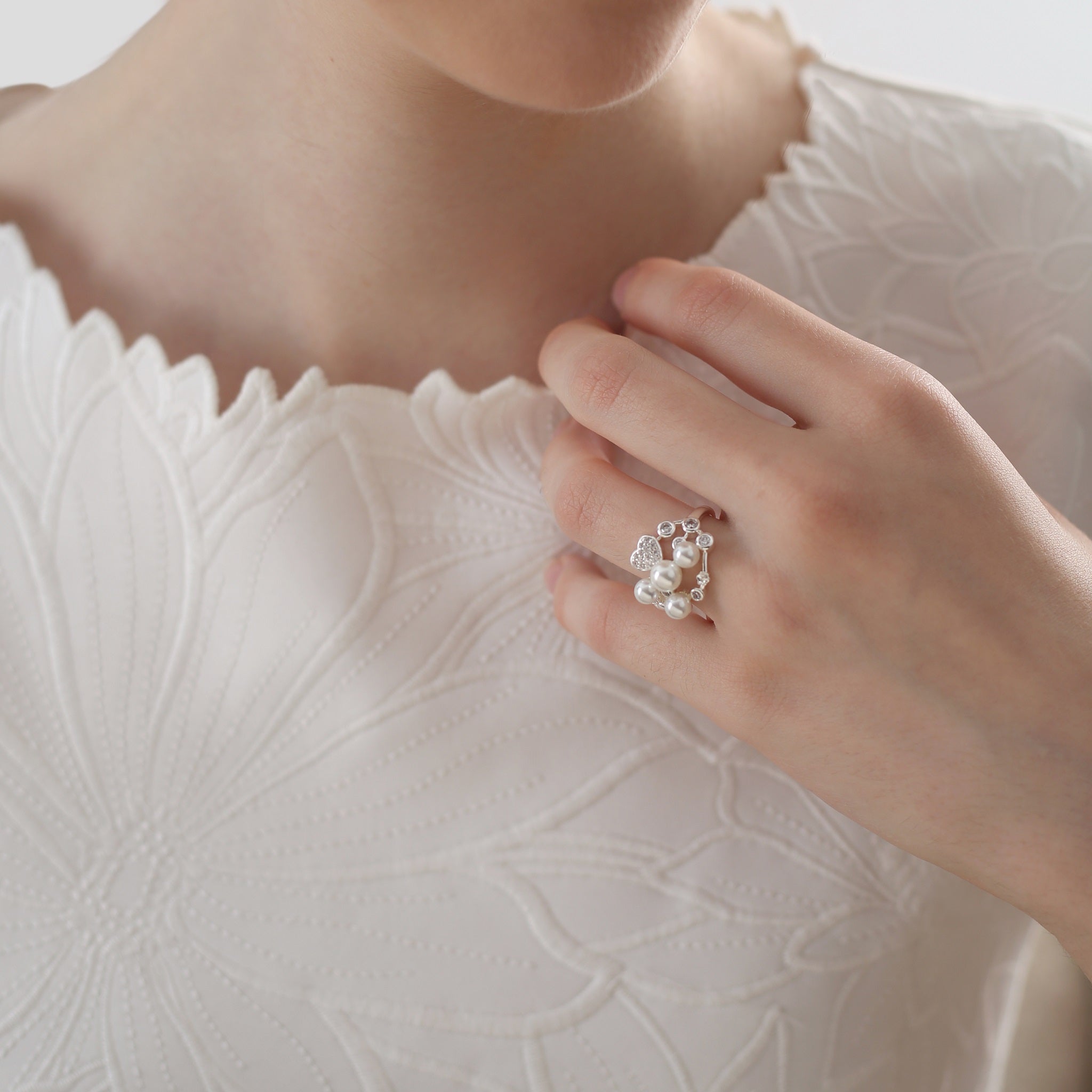 Silver Plated Pearl Ring with Clear Stones