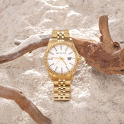 Gents Gold Plated White Dial Steel Bracelet Watch
