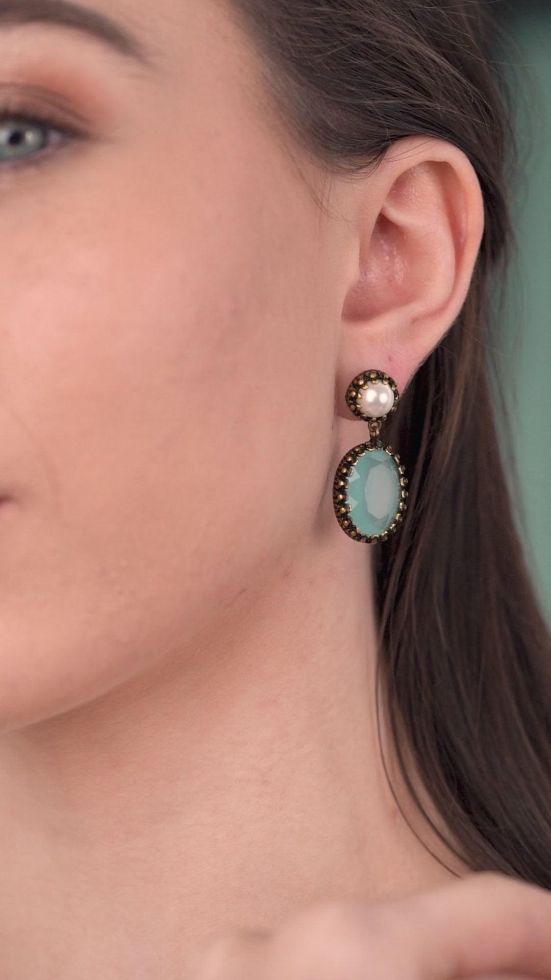 Earrings with Aqua and Pearl Stone Settings
