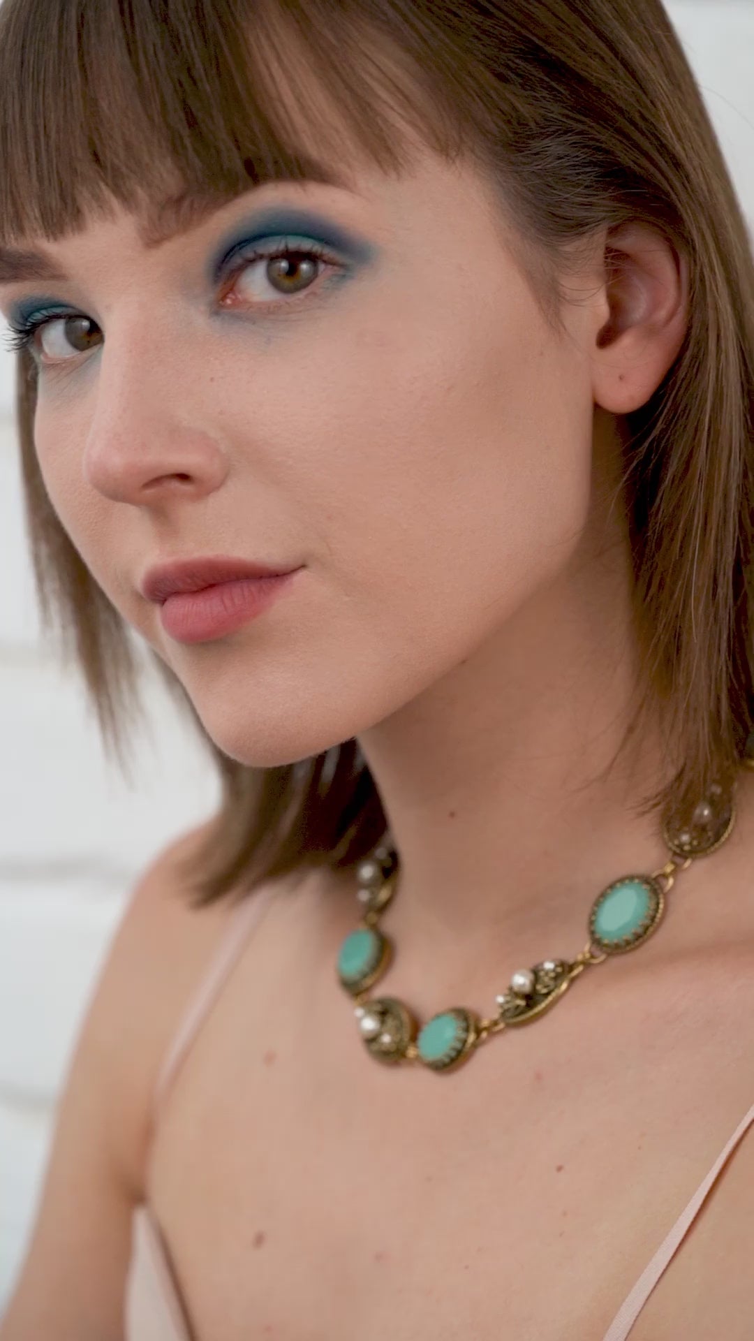 Necklace with Aqua & Pearl Stone Settings