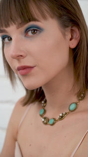 Necklace with Aqua & Pearl Stone Settings