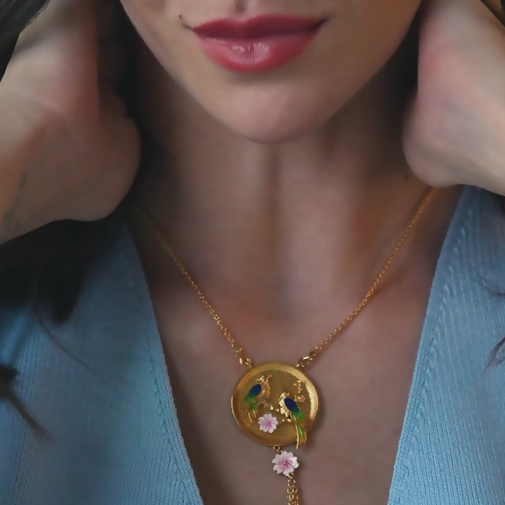 Gold Plate Bird with Pink Flower Pendant